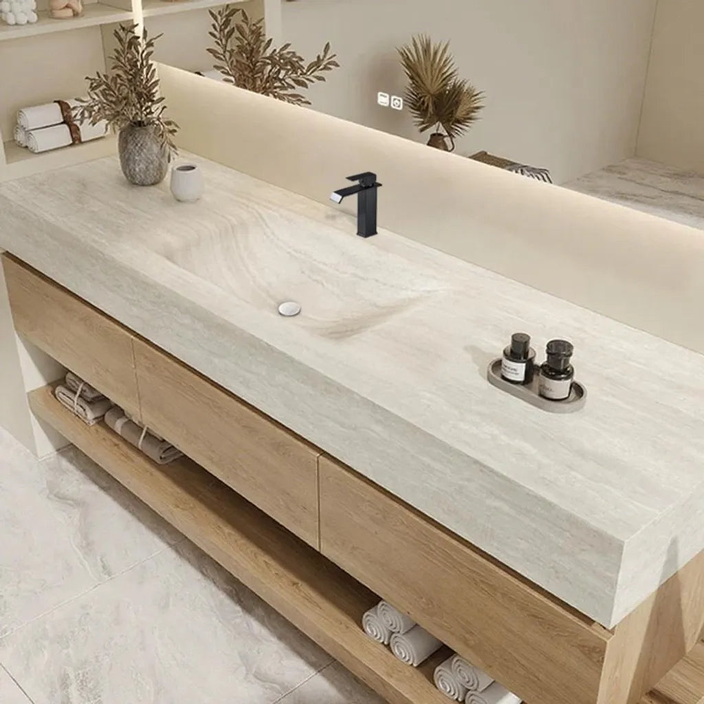 Set mobile bagno sospeso effetto travertino con lavabo in pietra sinterizzata e specchio foro per rubinetto 120×55 cm