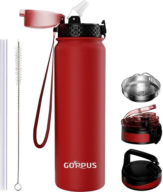 Termos 1L con imbuto, doppia parete di acciaio inossidabile, bottiglia da 1 litro isolata, bottiglia sportiva impermeabile, bottiglia di acqua con gas, bottiglie da bere, bottiglia di acqua BPA libera