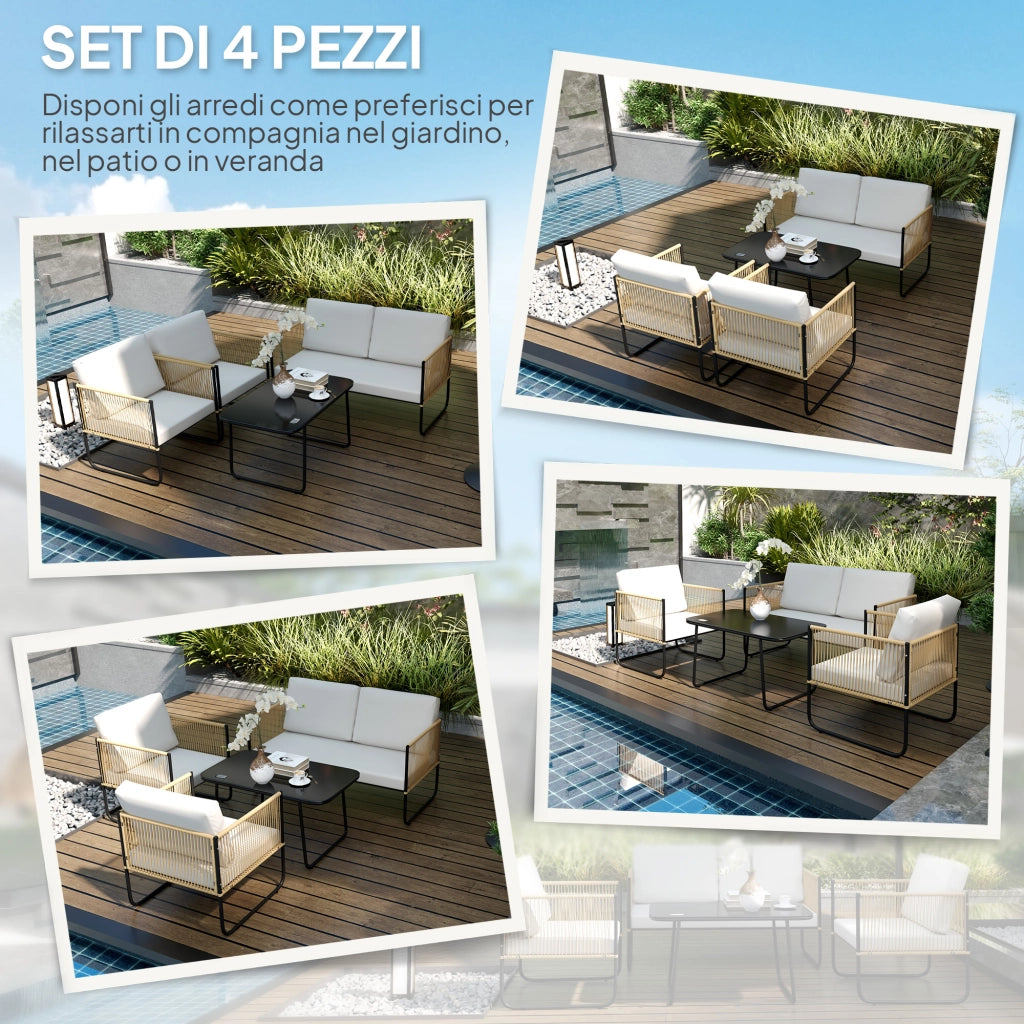 Set Giardino 4 Pezzi in Rattan e Acciaio con Divanetto, Poltrone e Tavolino ¨C zephmum ¨C Multicolore