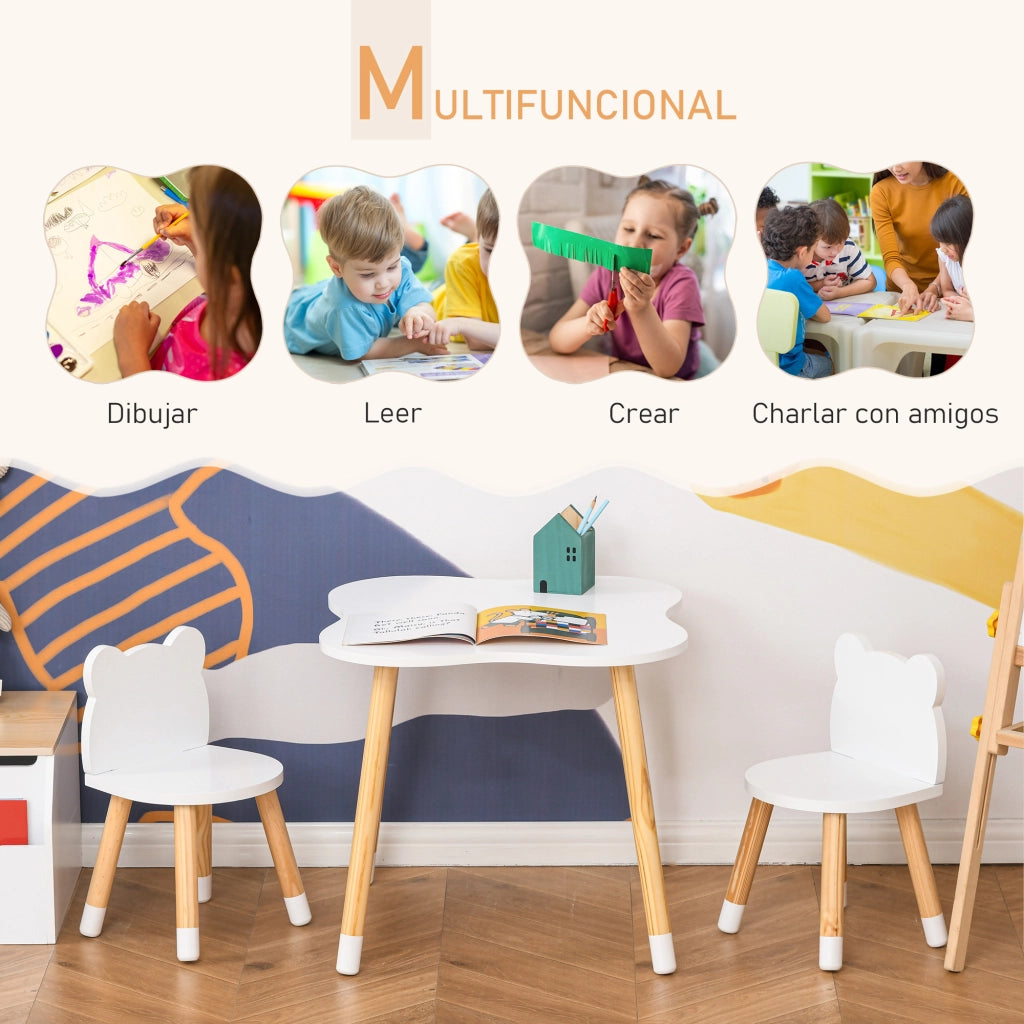 Tavolo e Sedie per Bambini in Legno ¨C zephmum ¨C Naturale e Bianco