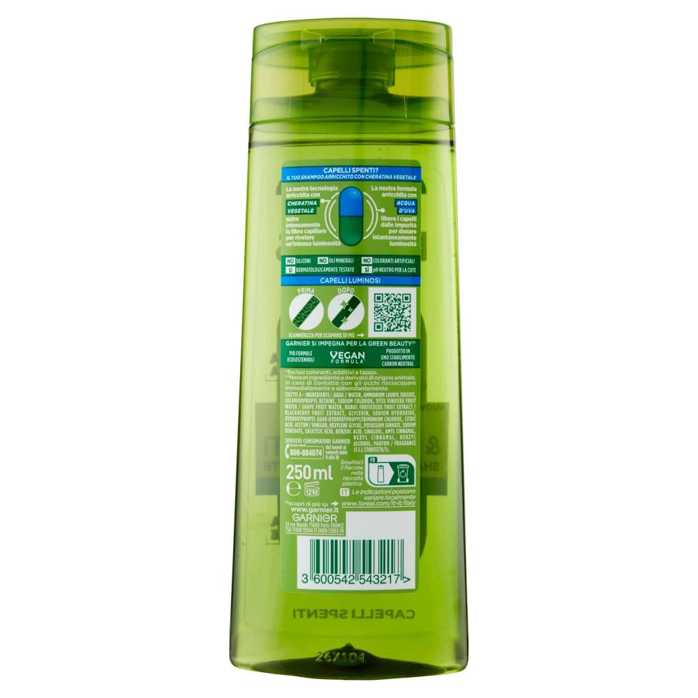 GARNIER FRUCTIS SHAMPOO PULITI&BRILLANTI 250 ML SENZA SILICONI PER CAPELLI LUMINOSI CON ACQUA D'UVA