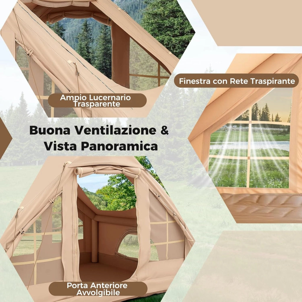Tenda da Campeggio Gonfiabile, Tenda da Campeggio in Tessuto Oxford per 4-6 Persone con Pompa, Finestre a Rete, Porte e Borsa da Trasporto, 300 x 210 x 197 cm