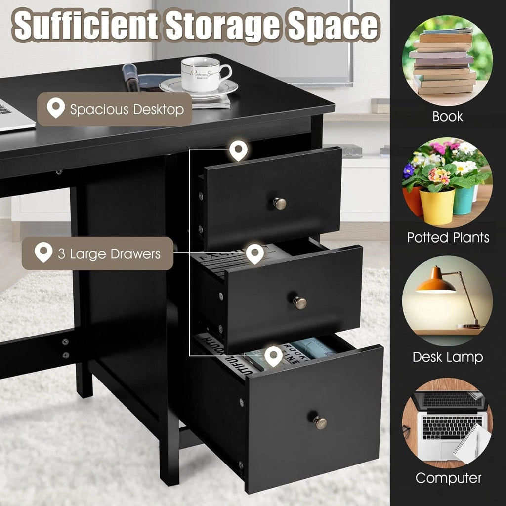 Scrivania per Computer, Tavolo da Ufficio, Scrivania con 3 Cassetti Scorrevoli, Superficie Impermeabile, Stile Moderno, Nero 120x50x75cm