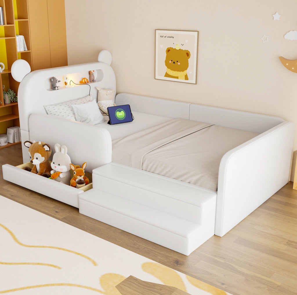 Letto imbottito per bambini 90x200 cm con testiera a orso; luce notturna; USB e contenitore; bianco