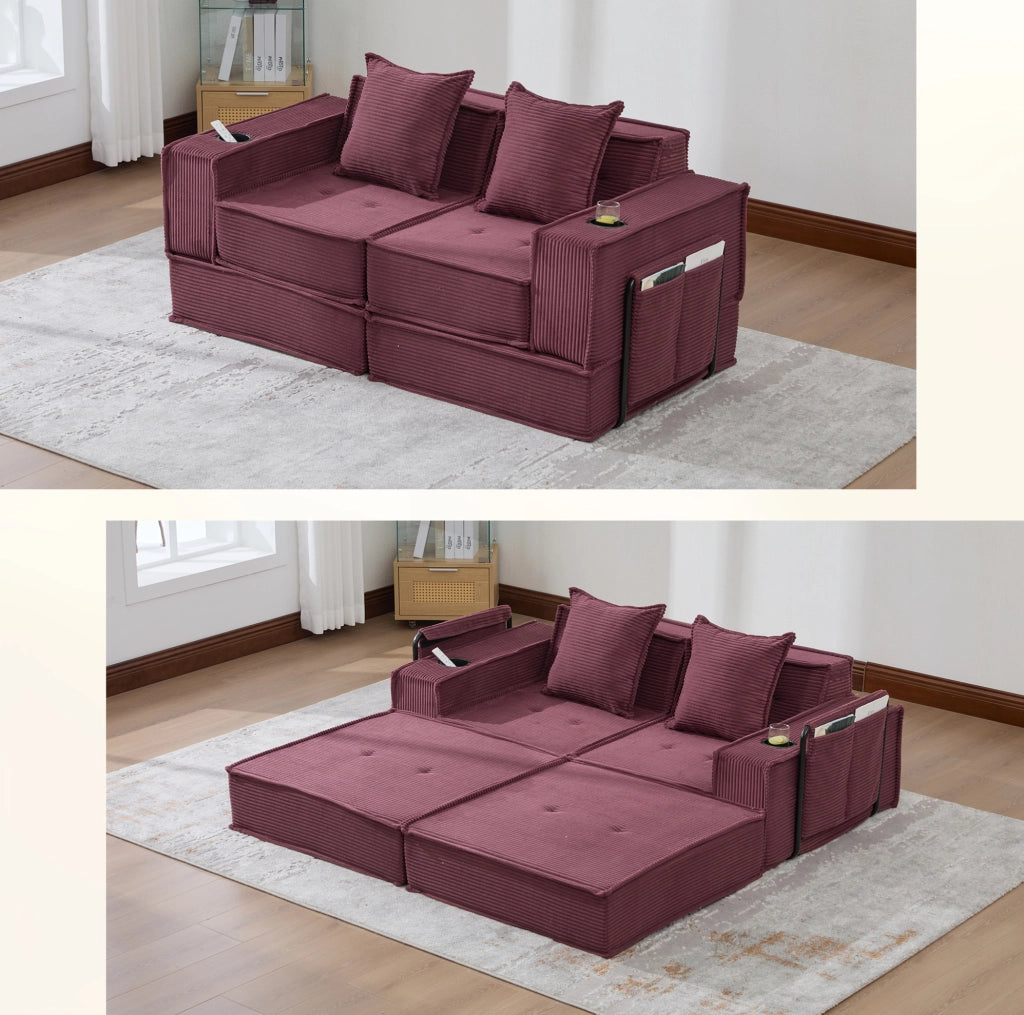 Divano 2 posti modulare 162x78x66 cm in velluto a coste con tasche laterali; rosso vino