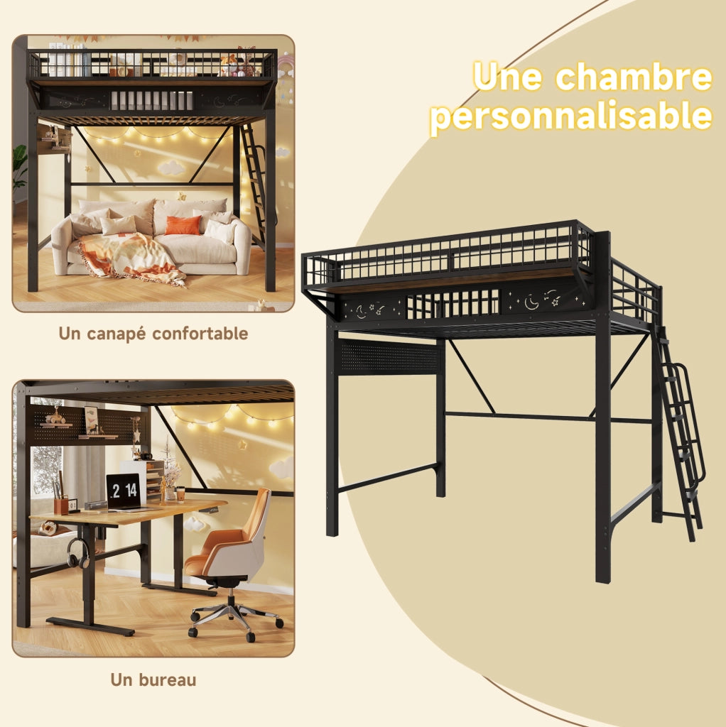 Letto a soppalco 140x200 cm in metallo nero con vani contenitore e scala reversibile