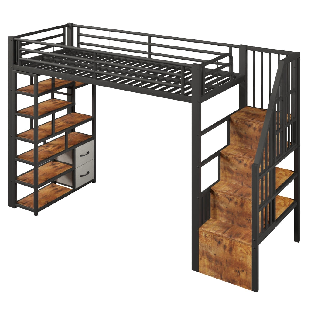 Letto a soppalco 90x200 cm con cassetti in tessuto; spazio sottostante; LED; ripiano; gradini e parapetto; metallo nero