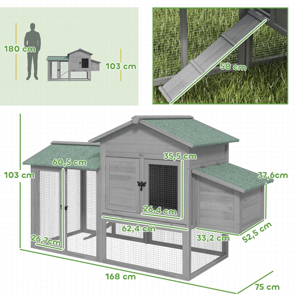 Pollaiolo Casa per Galline con Recinto ¨C zephmum ¨C Grigio Legno 168x75x103cm