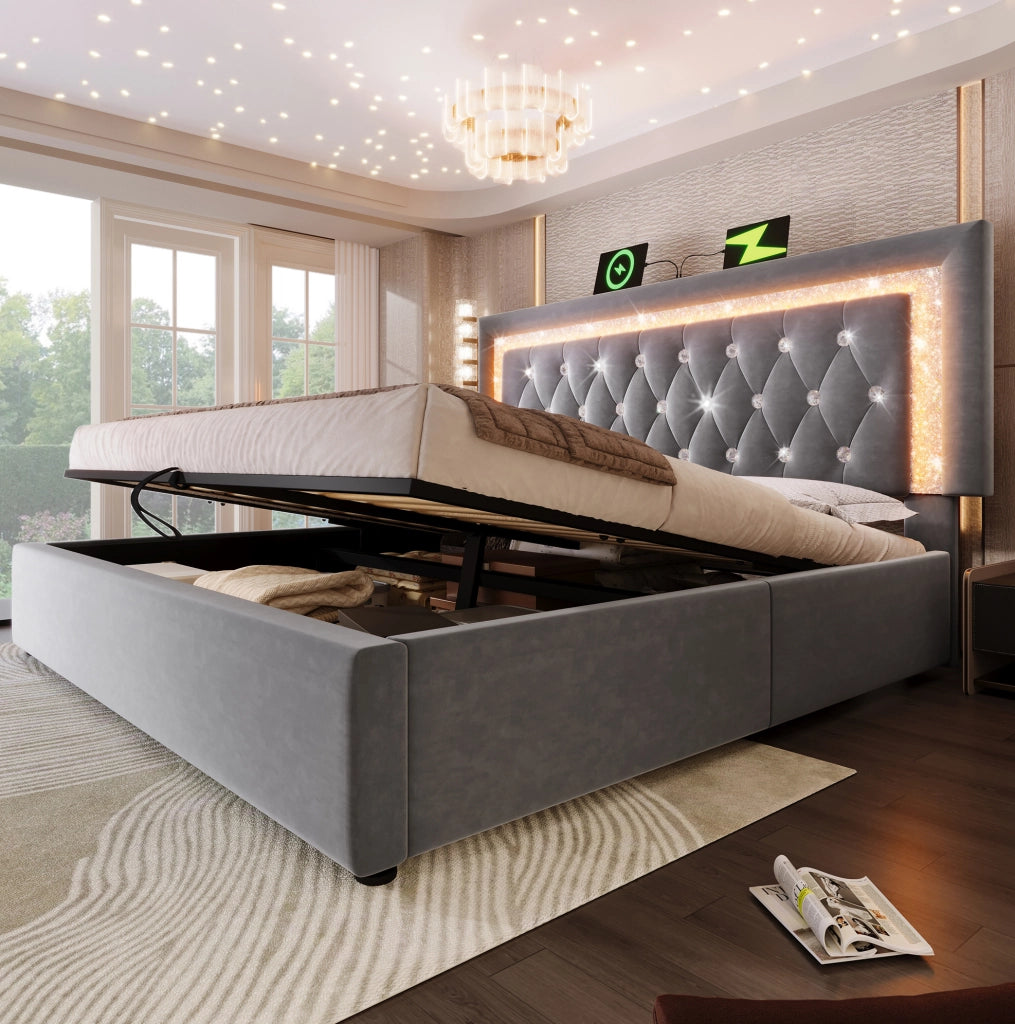 Letto contenitore imbottito ULEVR 140x200 cm con LED, USB e Type-C, testiera in velluto grigio