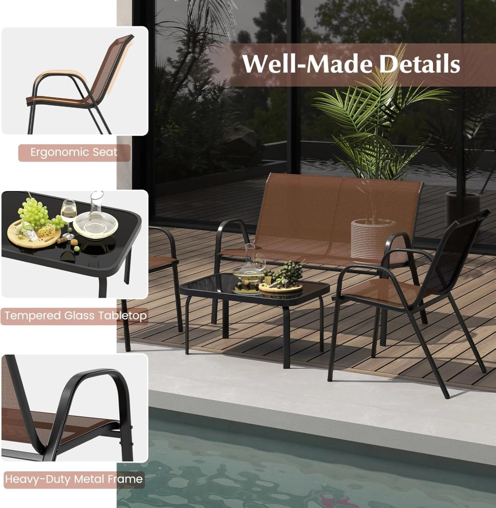 Set di 4 mobili da giardino per esterni, set di mobili da giardino, mobili da balcone, per terrazze, esterni, con tavolino da caffè e panca da giardino e 2 sedie da pranzo, set per 4 persone