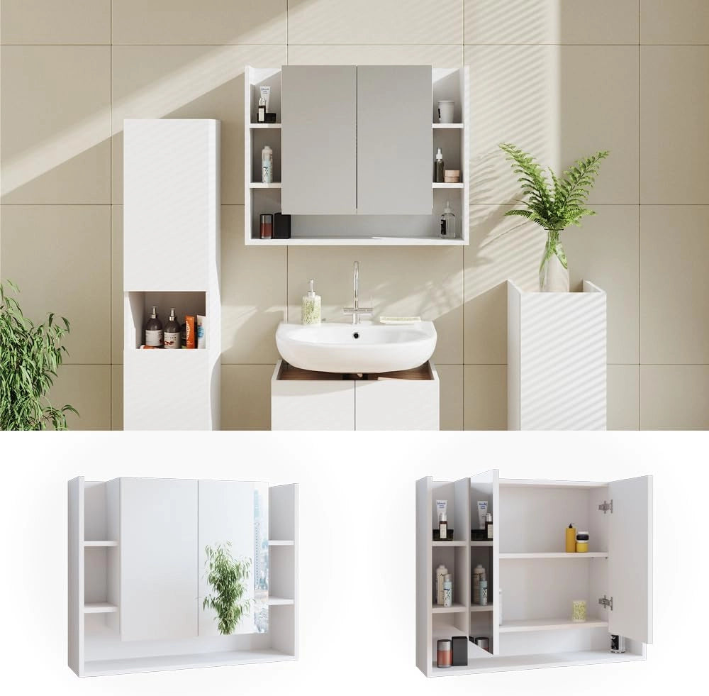 Specchio contenitore bagno Elira, Bianco, 80.2 x 64 cm, per montaggio a parete con ripiani aperti