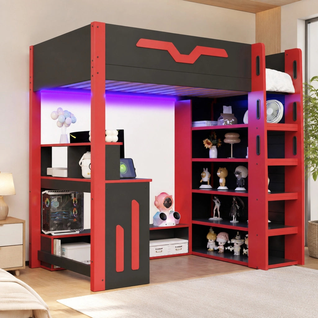 Letto a Soppalco Letto Singolo 90x200 cm con Scrivania; LED e Scaffale; Nero Rosso