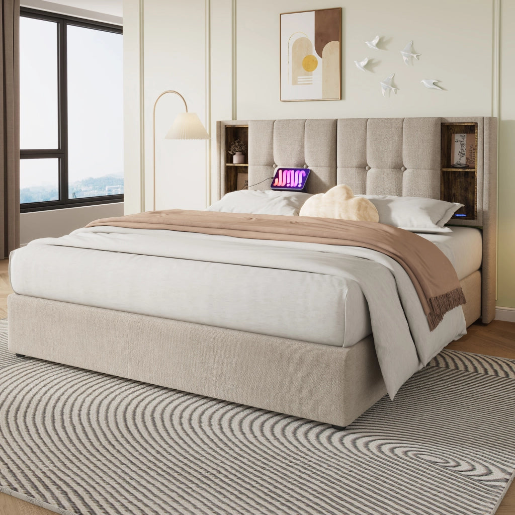 OKWISH Letto Contenitore 160×200 cm, Letto Matrimoniale con Ricarica Wireless, USB, Tipo C e Mensole, senza Materasso, in Lino, Naturale