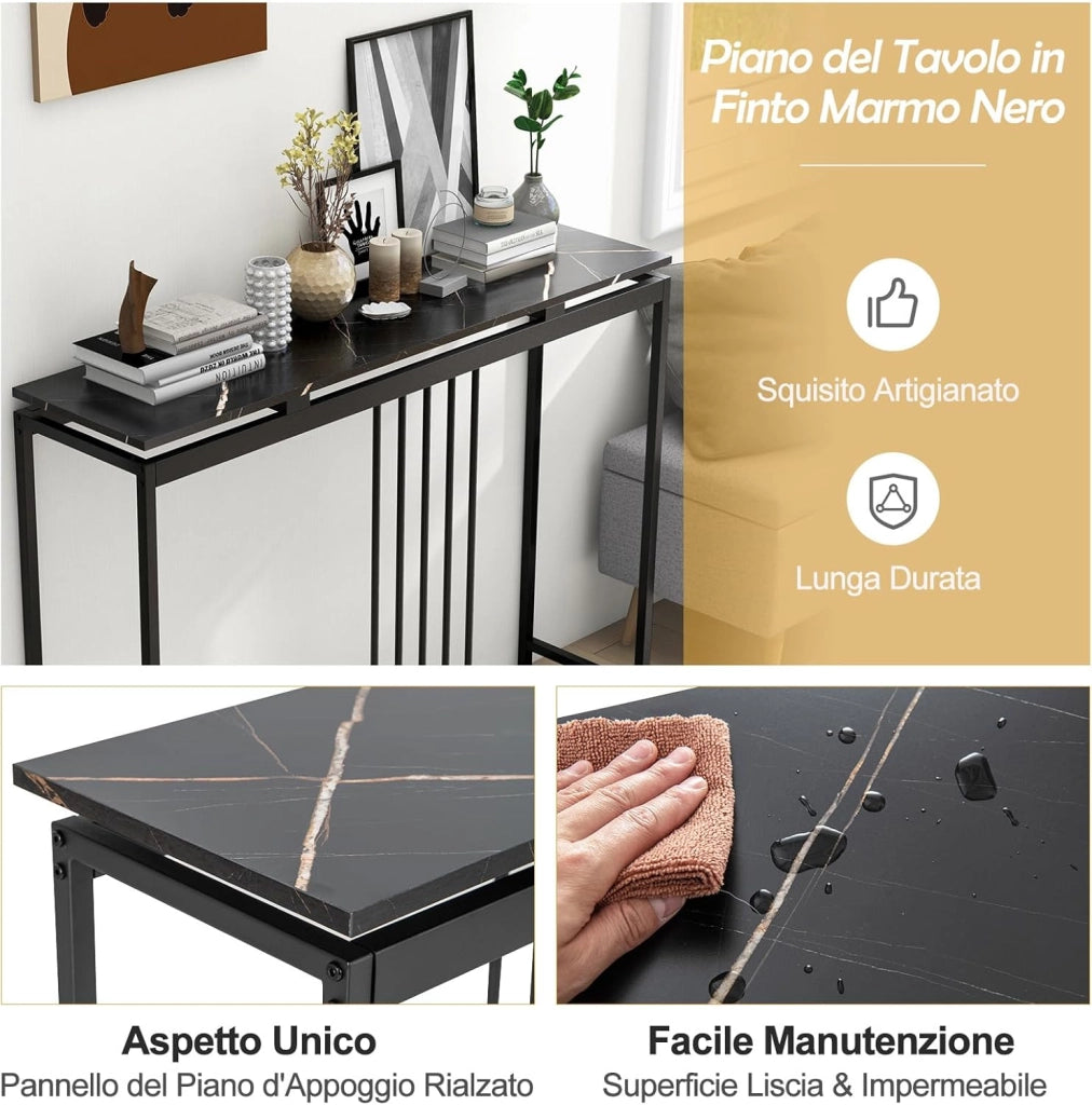 Tavolo da Ingresso Stretto, Tavolo Consolle Moderno in Finto Marmo con Struttura in Acciaio, Tavolo Multiuso per Salotto e Corridoio, 120 x 30 x 90 cm