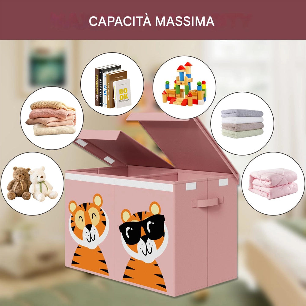 Box Contenitore Giocattoli con Animali Doppio Pieghevole 80L Rosa Salvaspazio