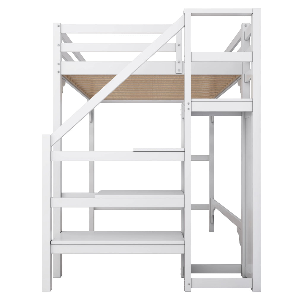 Letto a Soppalco Matrimoniale con Scala Contenitore e Armadio; 140 × 200 cm; senza Materasso; Bianco