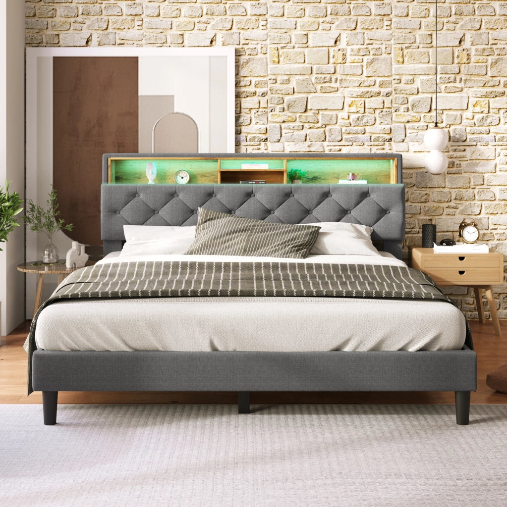 Letto matrimoniale imbottito 140x200 cm con testiera contenitore e LED; grigio