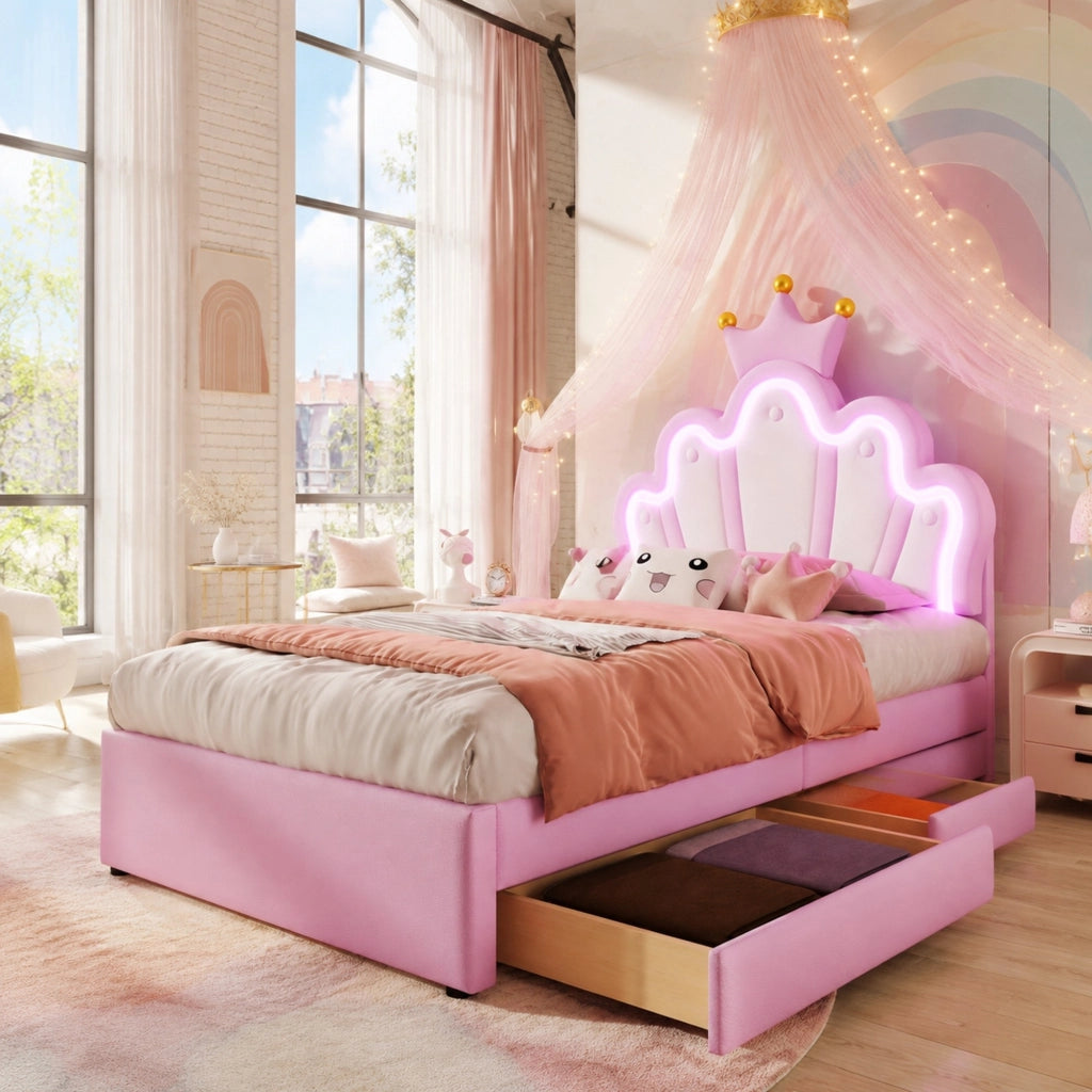 Letto per bambini 90x200 cm rosa con LED e 2 cassetti