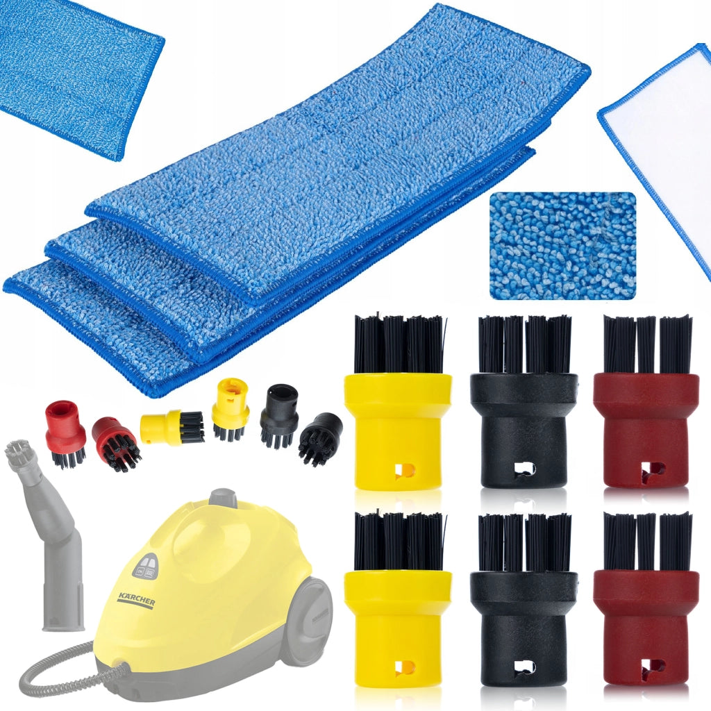 Set di Accessori per Pulizia compatibile con Kärcher SC – 3 Panni in Microfibra, 6 Spazzole Rotonde