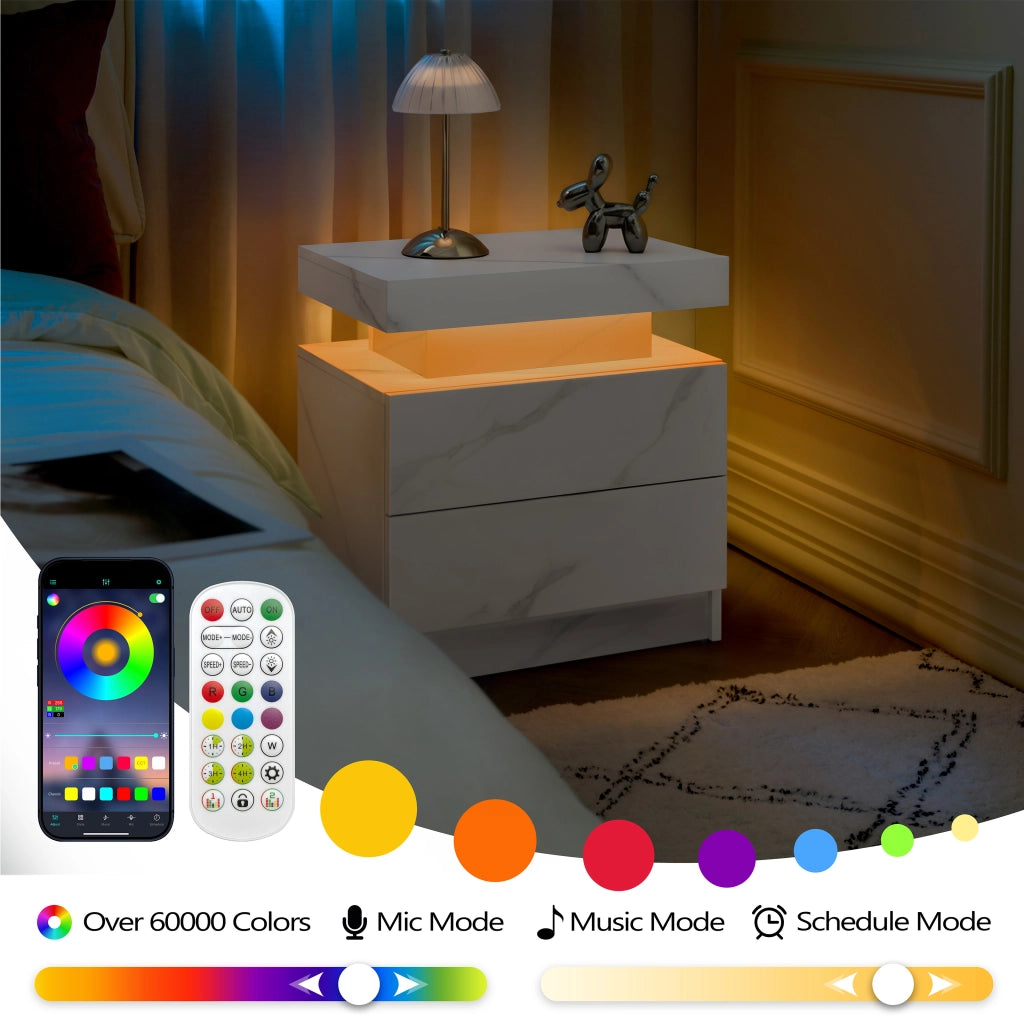Comodino LED con 2 cassetti e vano aperto; in legno ingegnerizzato; bianco opaco; 59 × 45 × 20 cm