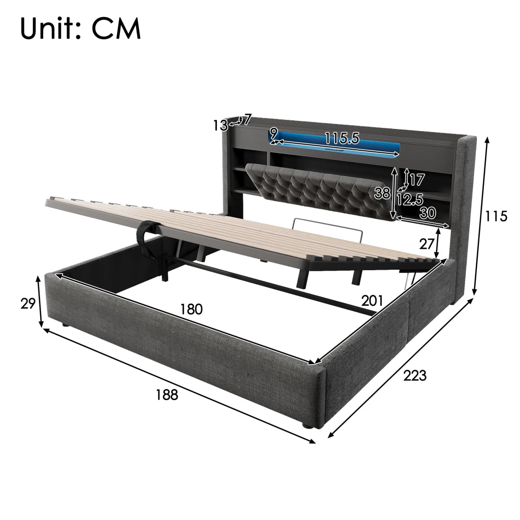 LETTO Contenitore 180x200 cm in lino grigio con LED e porte USB