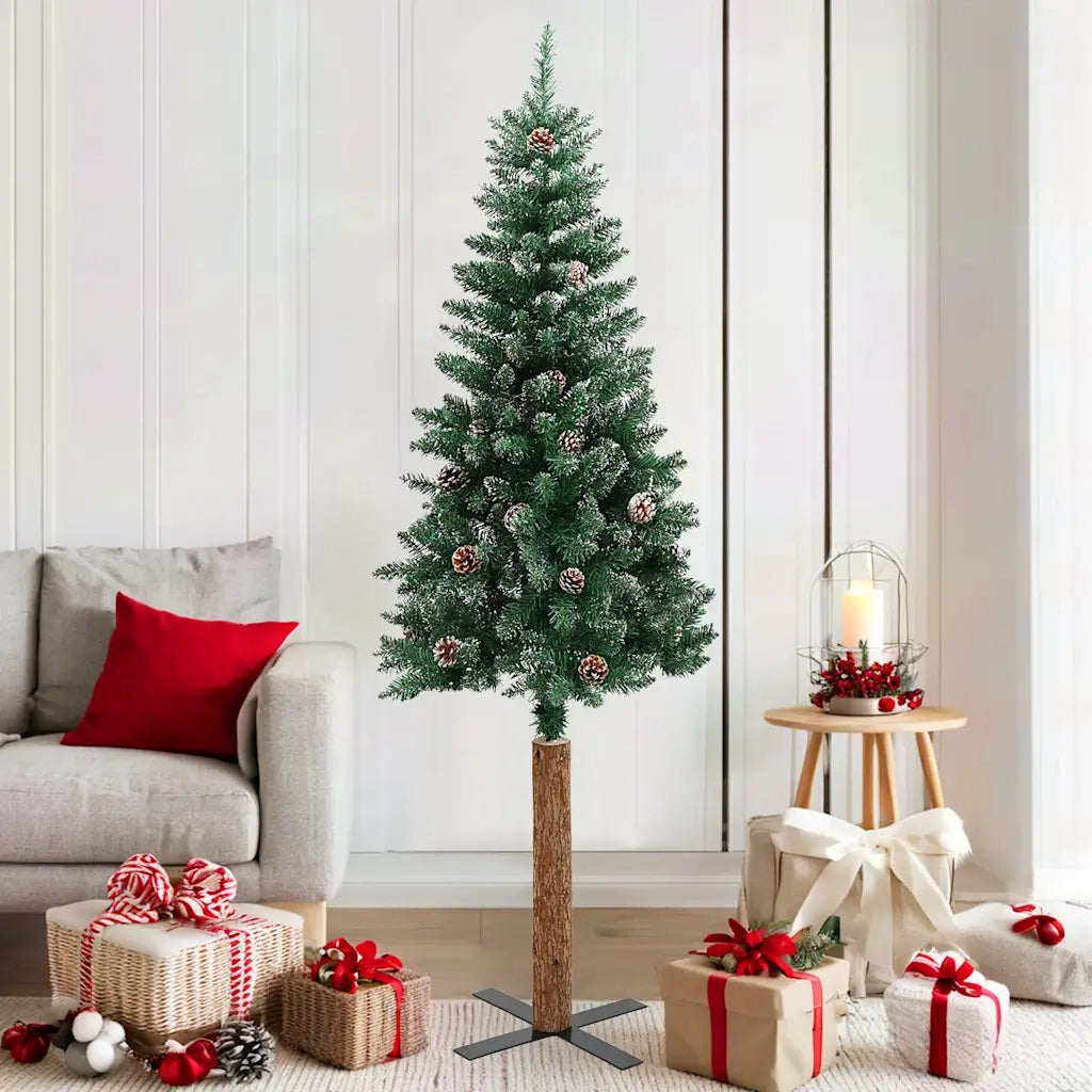 Albero di Natale | Decorazioni natalizie Sottile con Legno Vero e Neve Verde 180 cm