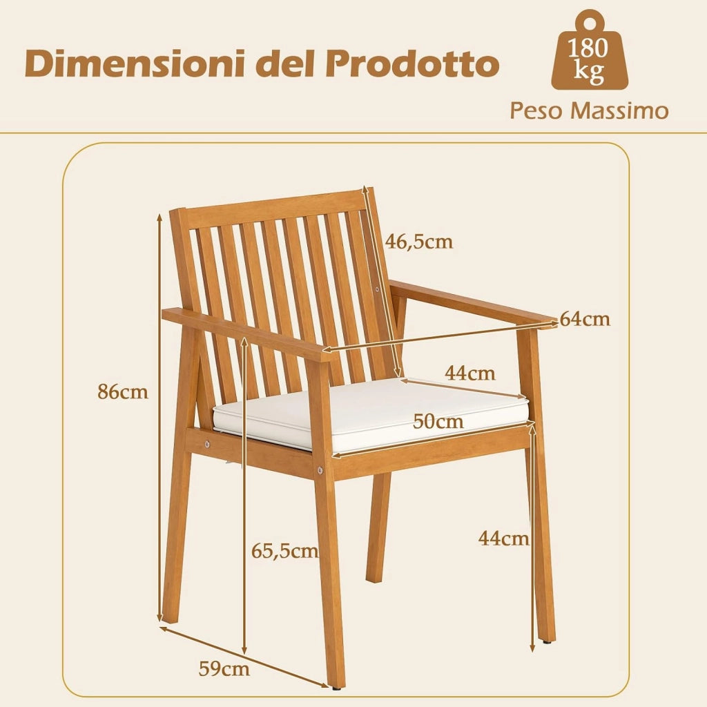 Set 2 Sedie da Giardino, Poltrone in Legno di Acacia per Esterno, con Cuscino, per Giardino Patio Cortile, Portata 180 kg, 64 x 59 x 86 cm (Giallo Teak)