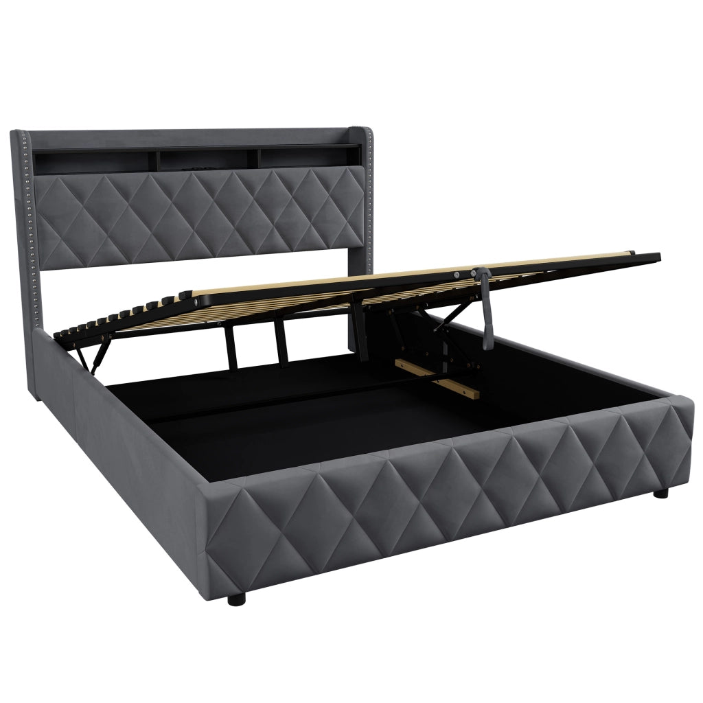 Letto matrimoniale imbottito contenitore grigio scuro 160x200 cm con LED e dock USB