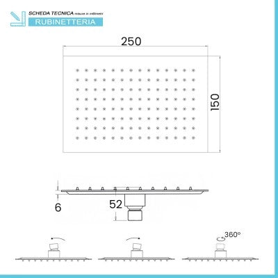 Soffione doccia rettangolare 25x15 cm cromato lucido in acciaio inox