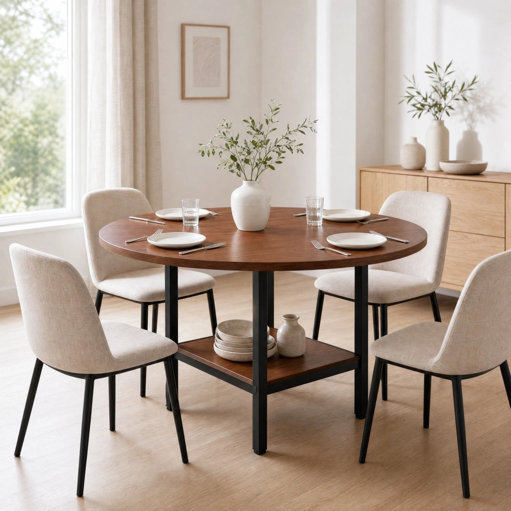 Tavolo da pranzo rotondo 100 cm con doppio ripiano; MDF e metallo; color noce