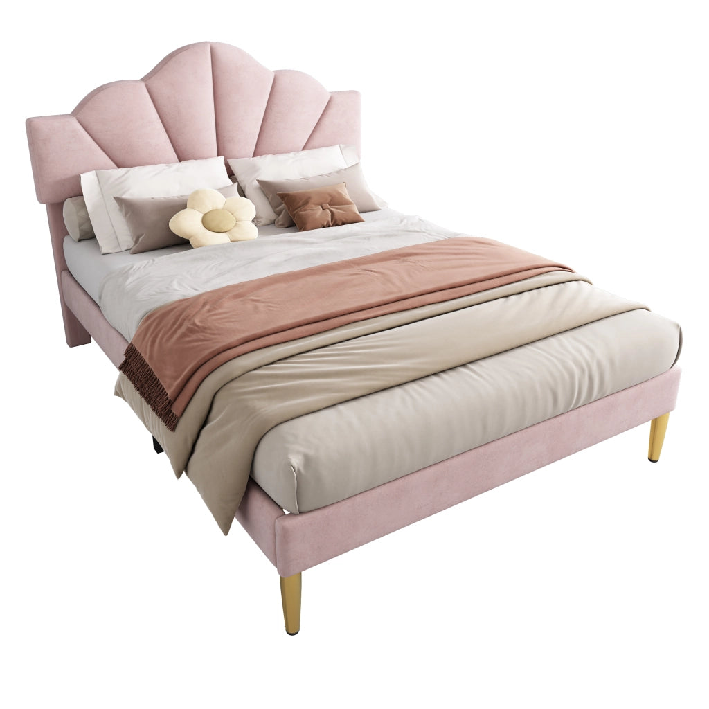 Letto imbottito in velluto rosa 140x190 cm con testiera regolabile e rete a doghe in legno