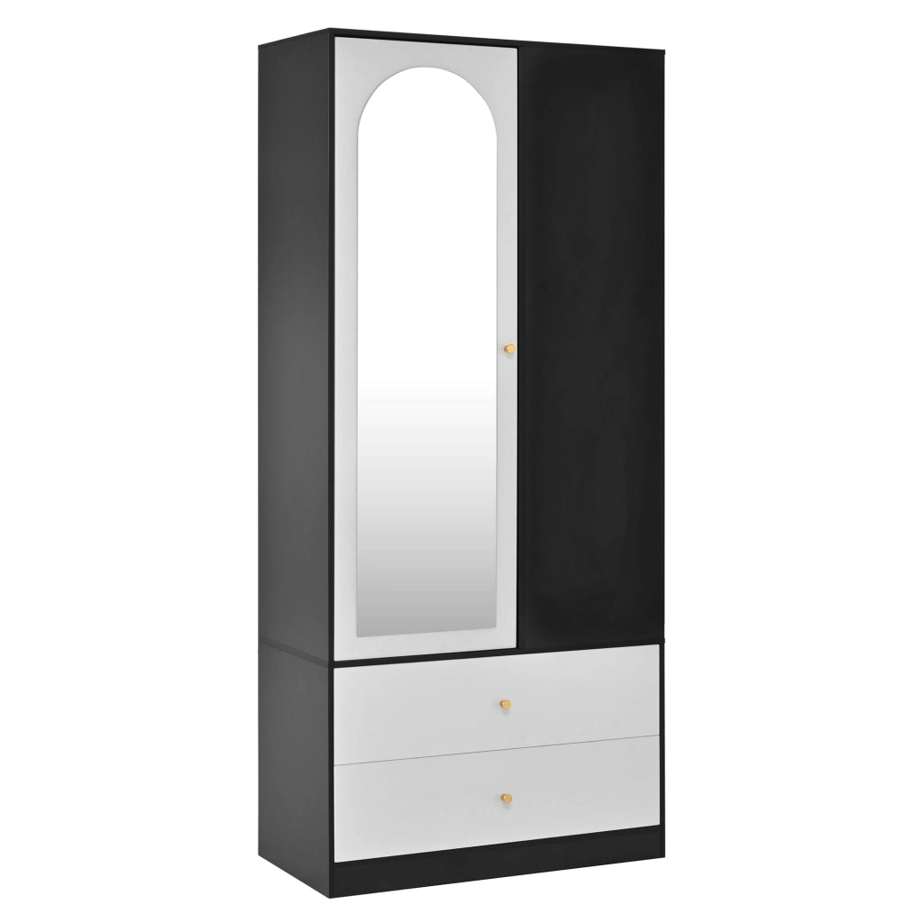 Armadio moderno con specchio, 1 anta, 2 cassetti e 4 ripiani, 80x40x180 cm, Bianco/Nero