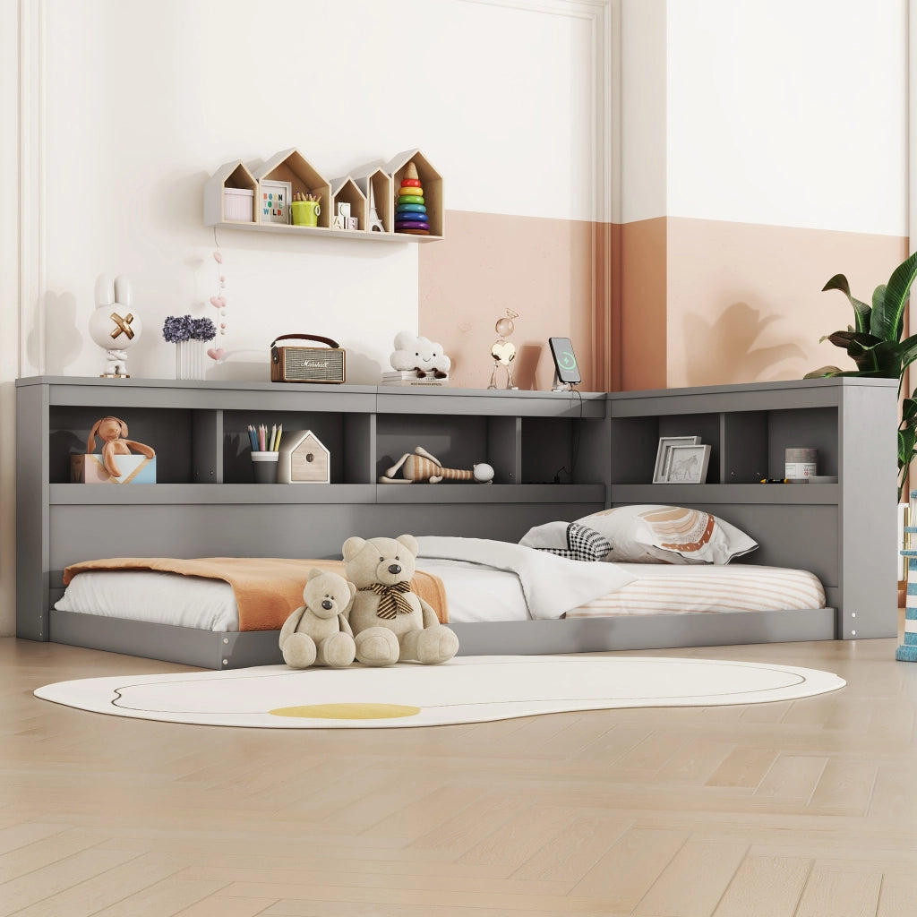 Letto salvaspazio singolo 90×200 cm con presa di corrente; 2 USB; ripiani e rete; senza materasso; grigio