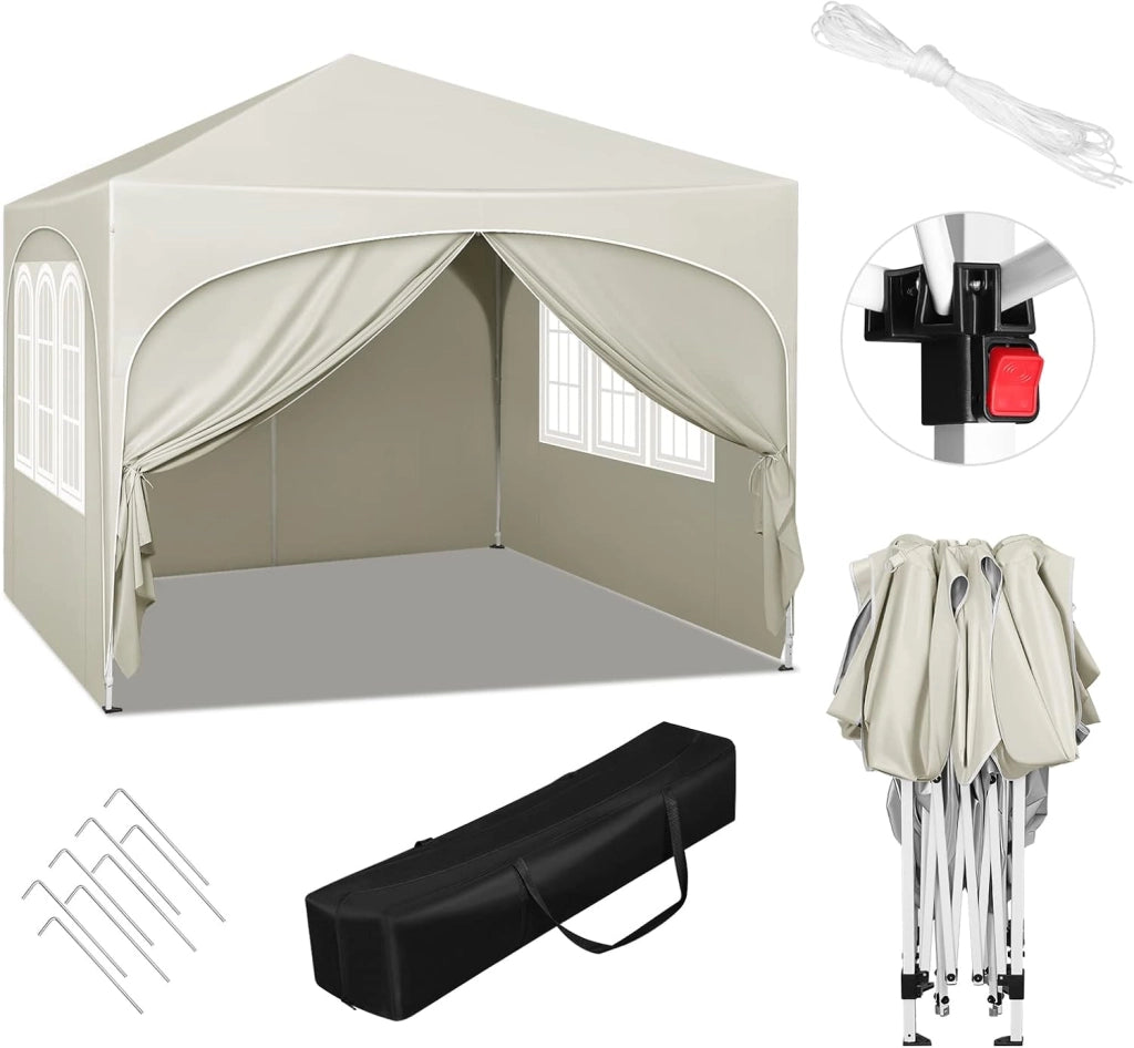 Gazebo Pieghevole da Giardino, Gazebo Idrorepellente Pop Up da 3x3m Pannelli Laterali, Tendone Esterno, Altezza Regolabile, Protezione UV, con Custodia Beige
