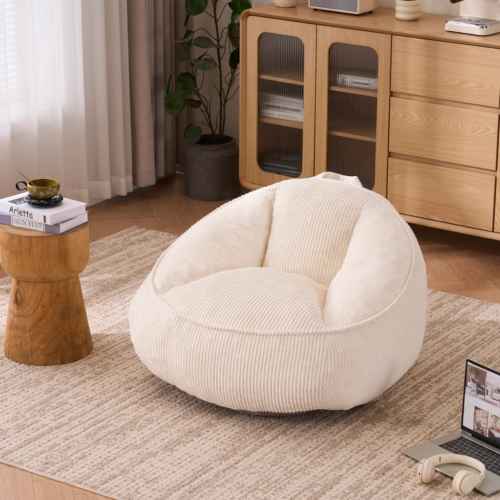 Pouf ergonomico con schienale e imbottitura in schiuma memory rivestimento in velluto a coste beige per relax