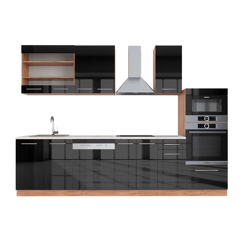 Vicco Cucina componibile Antracite lucido/oro power oak 300 cm con armadio alto, PL Marmo