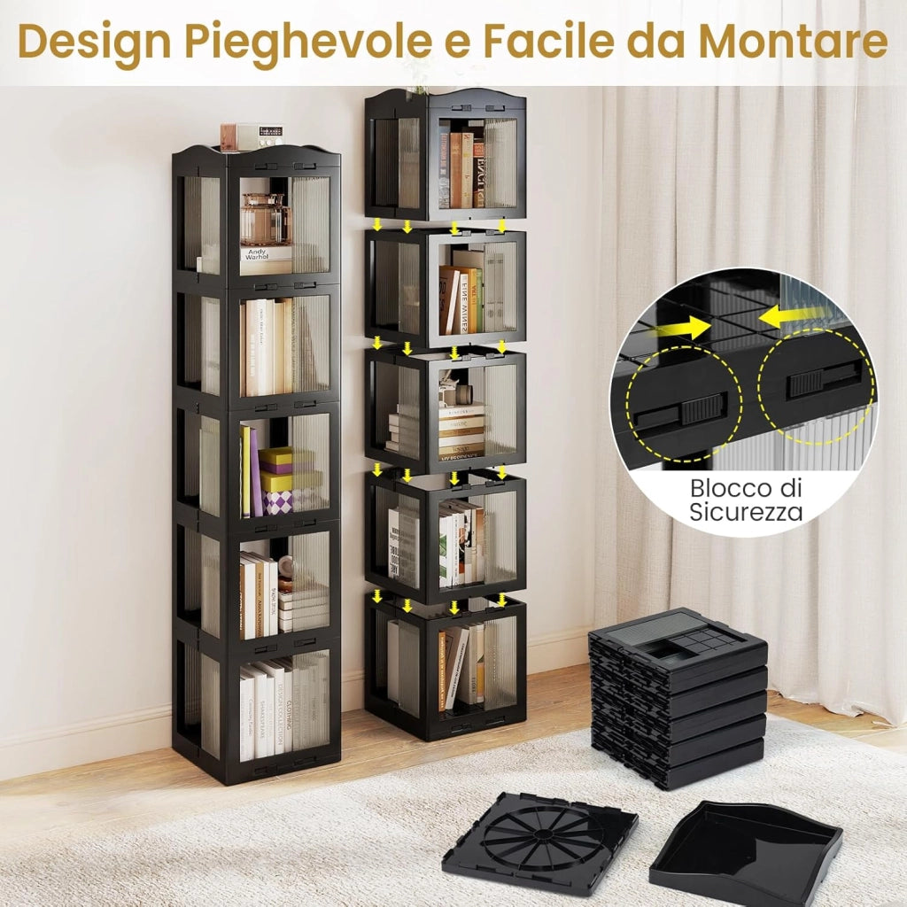 Libreria Girevole Pieghevole, Scaffale Traslucido Girevole a 360° con Base Rotante, Scaffale Alto Angolare da Esposizione per Soggiorno, Studio (Nero,5 Livelli)