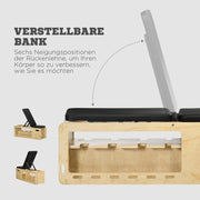PANCA MULTIFUNZIONALE 115x43x39 cm Legno Naturale con supporto manubri e bande elastiche