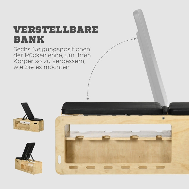 PANCA MULTIFUNZIONALE 115x43x39 cm Legno Naturale con supporto manubri e bande elastiche