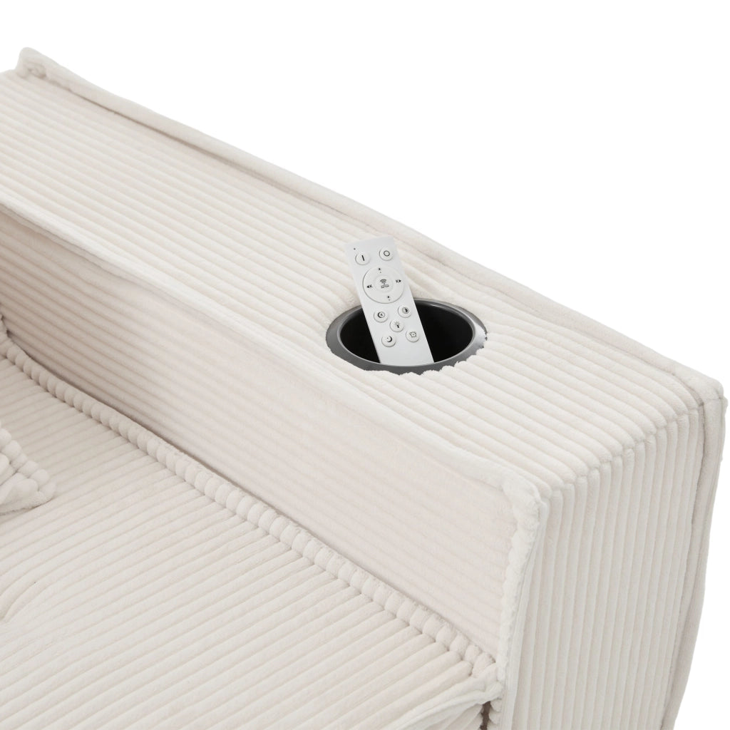 Pouf divano modulare in tessuto effetto corduroy beige, con 2 cuscini e tasche laterali, seduta bassa per relax