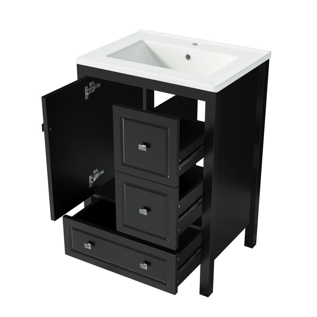 Mobile sottolavabo da bagno con lavabo in ceramica, 1 porta e 3 cassetti, in MDF laccato, nero, 62 × 47 × 90 cm