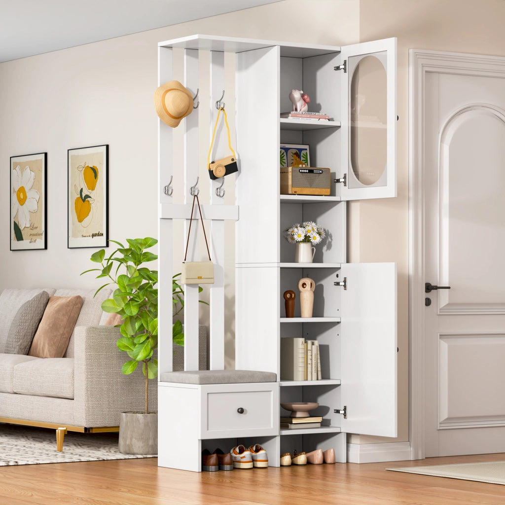 Mobile ingresso con 2 Armadi; 6 Ganci; Panca Portascarpe con Cuscino; Ante in Vetro Temperato; Bianco; 85??33;5??200 cm