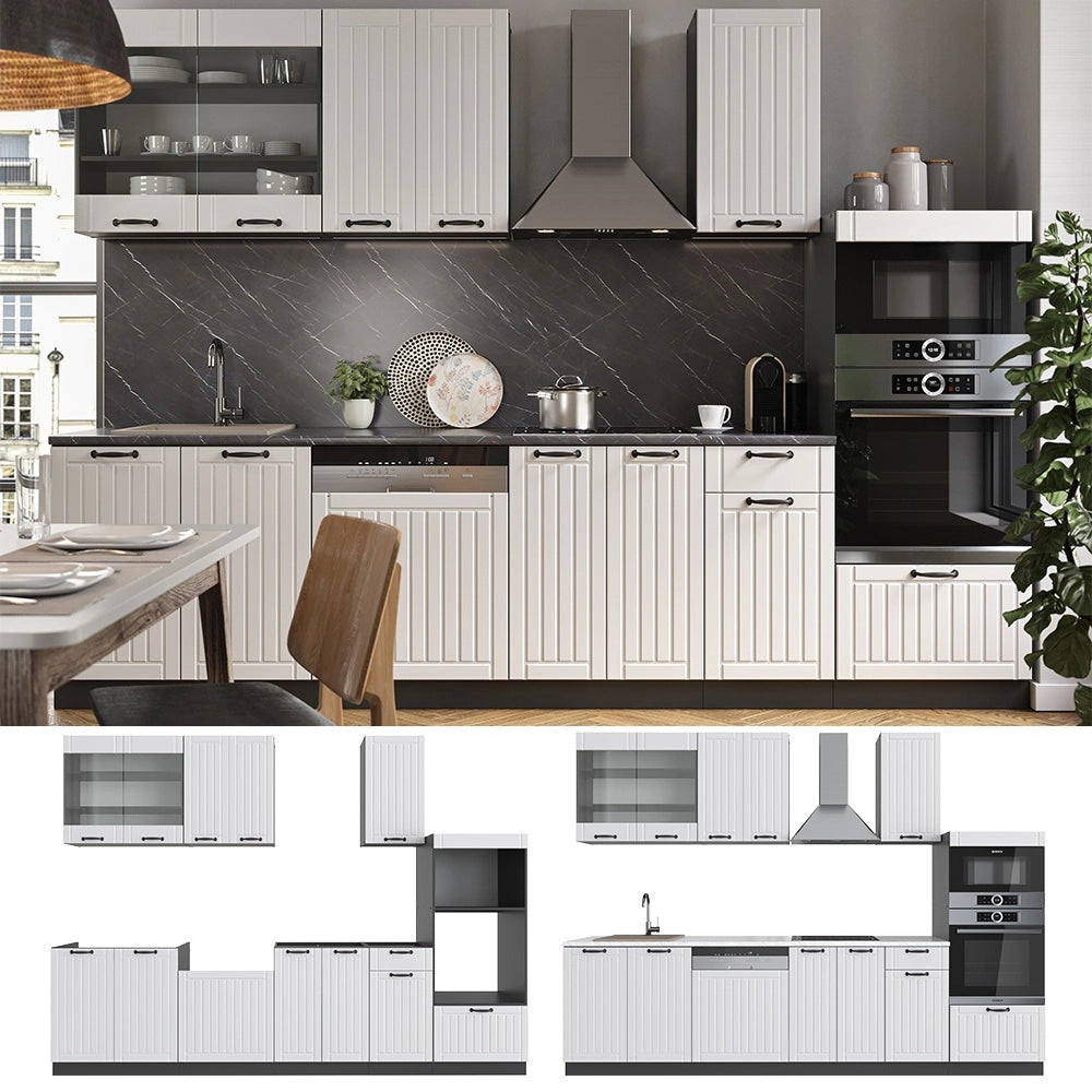 Cucina componibile Fame-Line Bianco rustico/Antracite 300 cm con armadio alto, PL Antracite Vicco