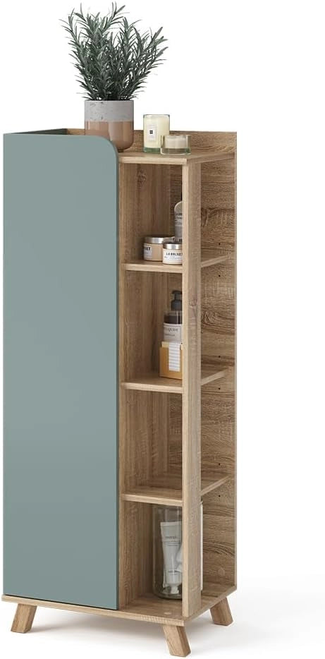 Mobiletto bagno Karen, Sonoma/blu, 50 x 128 cm con porta e vani aperti, per la conservazione di articoli da bagno e asciugamani
