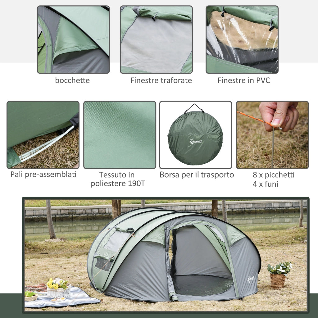 EasyComfort Tenda da Campeggio Pop Up 2 Posti con 2 Porte, 4 Finestre e Telo Impermeabile, 263.5x220x123 cm, Verde Scuro