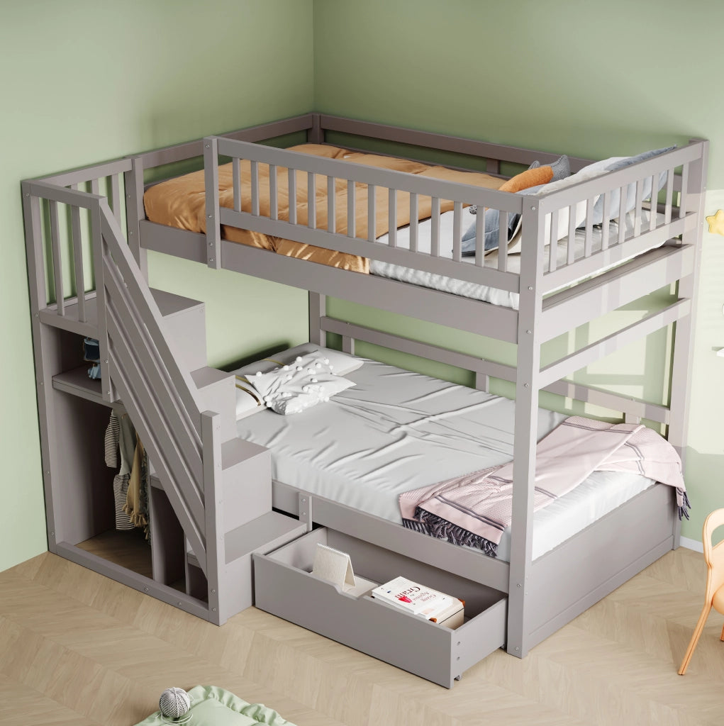 Letto a castello 90x200 cm con scale contenitore e cassetti; grigio