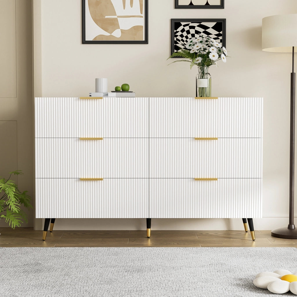 Credenza moderna bianca 120 cm con 6 cassetti; in truciolare; con dettagli oro