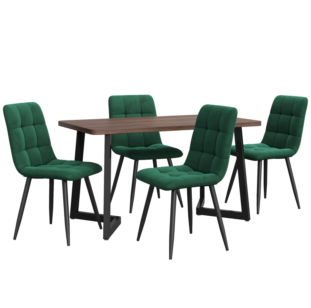 Set tavolo da pranzo 5 pezzi noce e verde scuro con 4 sedie in velluto