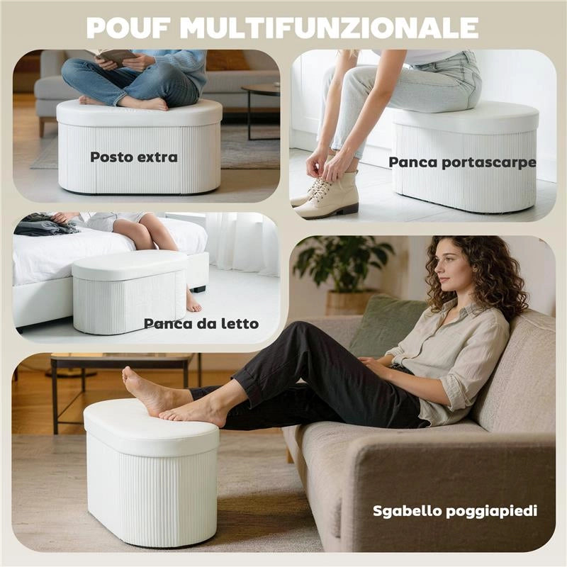 POUF CONTENITORE PIEGHEVOLE CON VANO DA 72L E RIVESTIMENTO IN VELLUTO, 76X38X35 CM, CREMA