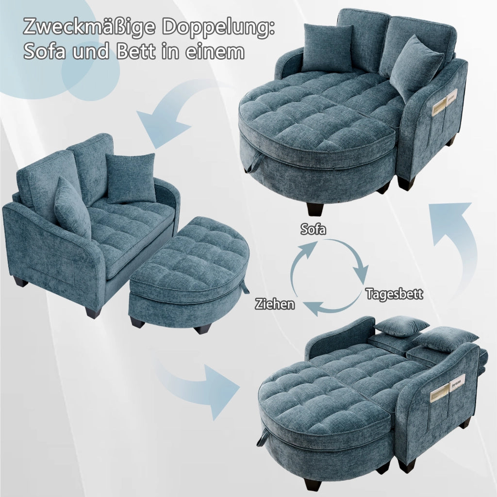 Divano letto multifunzione 2 in 1 con pouf contenitore e tessuto traspirante in eucalipto blu
